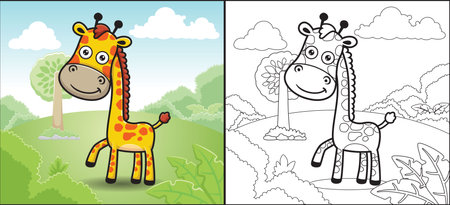 Coloring book or page of funny giraffe cartoon in forest on blue sky backgroundのイラスト素材