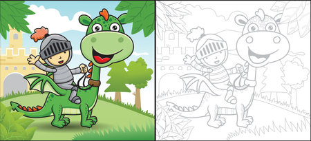 Vector cartoon of knight riding dragon on castle background. Fairytale element. Coloring book or pageのイラスト素材