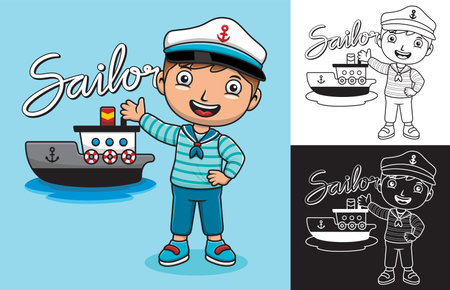 Vector illustration of cartoon boy in sailor uniform with a boatのイラスト素材