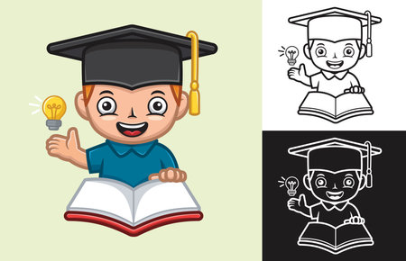 Vector illustration of cartoon boy wearing cap graduation with book and lightbulbのイラスト素材