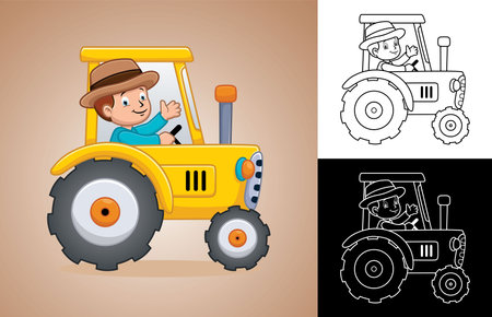Vector cartoon of little boy farmer on tractorのイラスト素材
