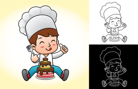 Vector cartoon of boy in chef costume holding fork for eating cake. Coloring book or pageのイラスト素材