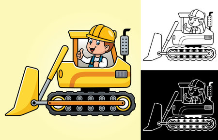 Vector cartoon of little boy on construction vehicleのイラスト素材
