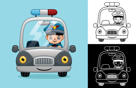 Vector cartoon of little policeman on police carのイラスト素材