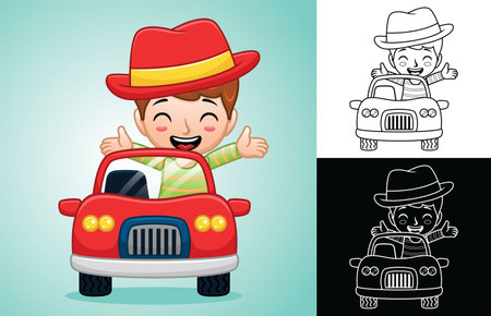 Vector cartoon of happy boy wearing cowboy hat on red carのイラスト素材