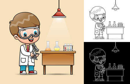 Little scientist cartoon holding microscope in laboratory with liquid chemistry glassのイラスト素材