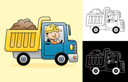 Vector cartoon of dump truck with happy driverのイラスト素材