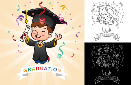 Happy boy graduation celebration, vector cartoon illustrationのイラスト素材