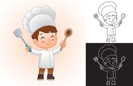 Vector cartoon of boy in chef uniform holding spoon and spatula. Coloring book or pageのイラスト素材