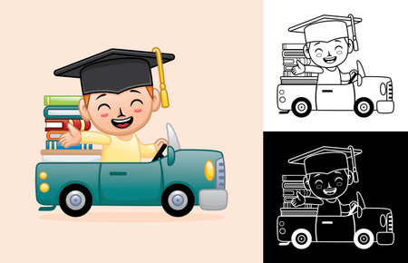 Vector cartoon of happy boy wearing graduation cap on car loading books. Coloring book or pageのイラスト素材