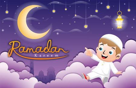 cute cartoon Muslim kids on clouds with lantern pointing to crescent moon at Ramadan nightのイラスト素材