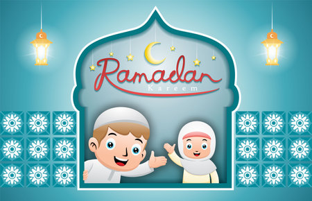 Cute Muslim kids on mosque window frame welcome the Ramadan monthのイラスト素材
