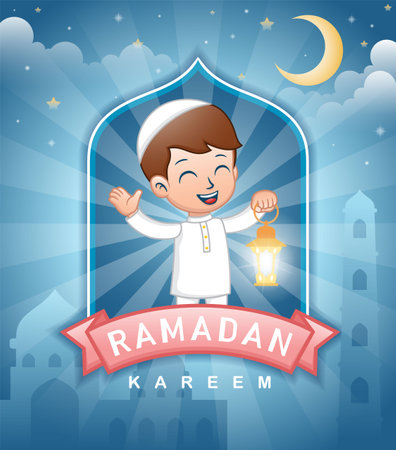 Cute cartoon Muslim kids holding lantern at Ramadan nightのイラスト素材