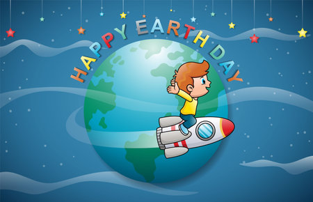 Vector Cartoon of Boy Flying On Rocket Around World. Kids earth dayのイラスト素材