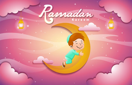 cute cartoon Muslim kids on crescent moon at Ramadan monthのイラスト素材