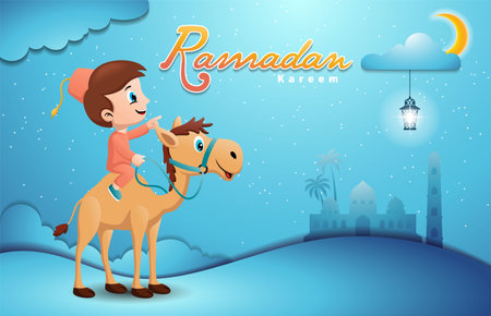Boy Moslem riding on camel at Ramadan month, Ramadan kareem elementsのイラスト素材