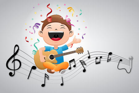 Cartoon of little boy sitting crossed legs while playing guitar on musical notesのイラスト素材