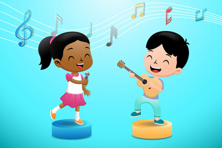 Cute Little Boy And Girl Playing Guitar And Singing On Stageのイラスト素材