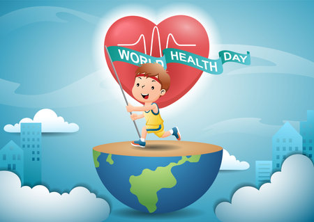 Cartoon boy running on half globe while carrying flag on heart and buildings backgroundのイラスト素材