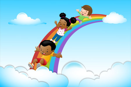 Cartoon of kids sliding on rainbow in the skyのイラスト素材