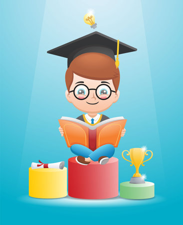 Boy cartoon in graduated costume reading book on podium with trophy and diplomaのイラスト素材