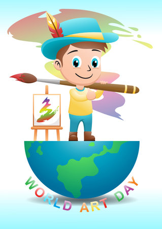 Kids painter cartoon holding big brush with canvas standing on half globeのイラスト素材