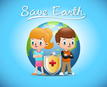 Cartoon of kids standing with shield protecting earthのイラスト素材