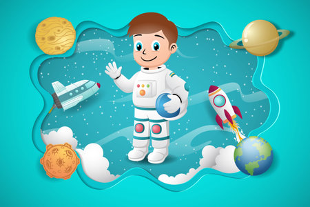 Cartoon of little boy astronaut with spaceship and planets, space elements illustrationのイラスト素材
