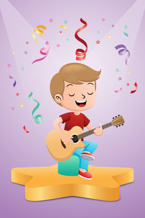 Cartoon of boy playing guitar on stage with colorful ribbonsのイラスト素材