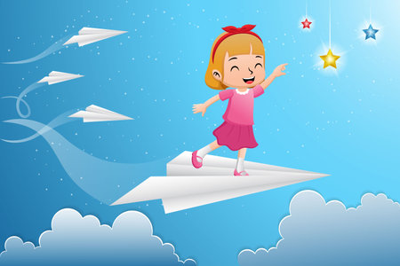 Cartoon of little girl flying on paper plane try to reach colorful stars in the skyのイラスト素材