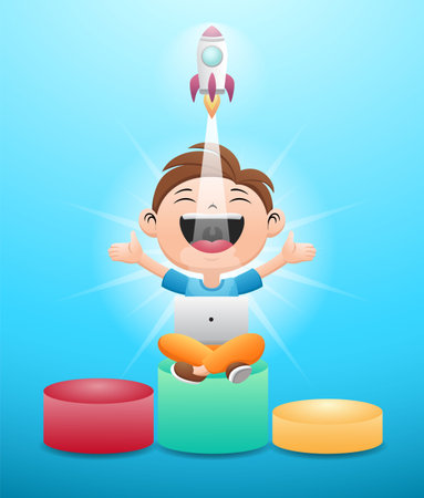 Cartoon of little kid sitting on podium operating laptop, rocket launching from laptopのイラスト素材