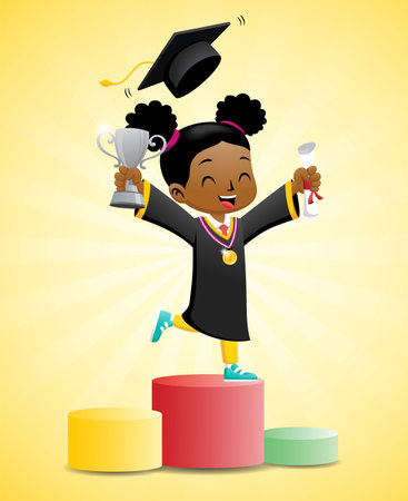 Cartoon of African little girl in graduation costume holding diploma and trophy on podiumのイラスト素材