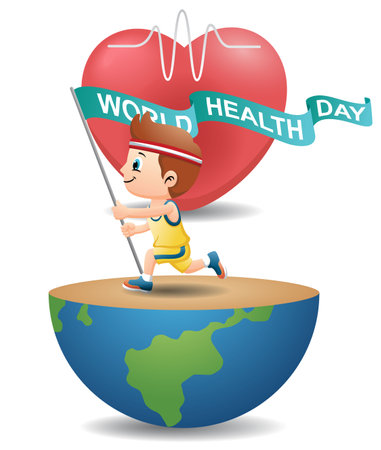 Cartoon boy running on half globe while carrying flag on heart backgroundのイラスト素材