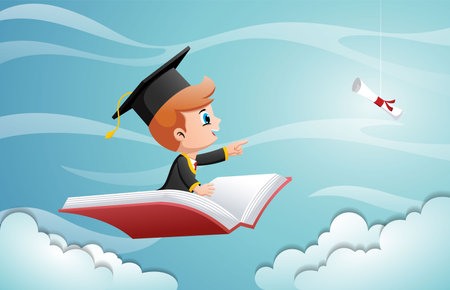 Cartoon of happy boy in graduation uniform flying with book chasing diploma on blue skyのイラスト素材