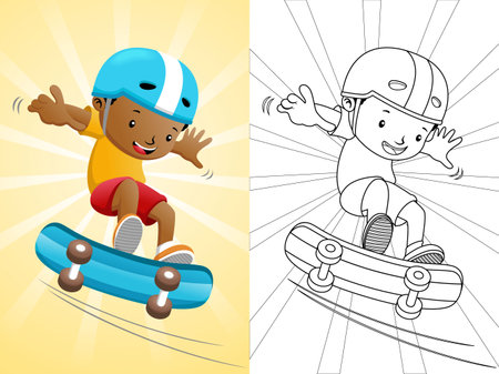 Cartoon boy playing skateboard. Coloring book or pageのイラスト素材