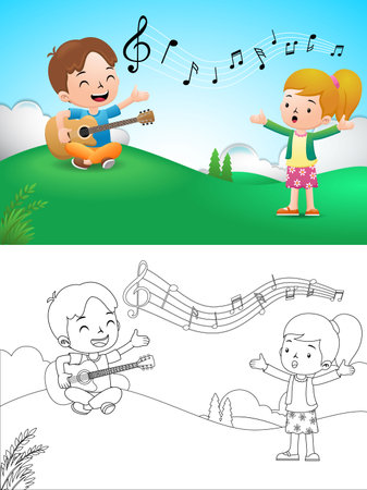 vector illustration of a boy playing guitar and little girl singingのイラスト素材