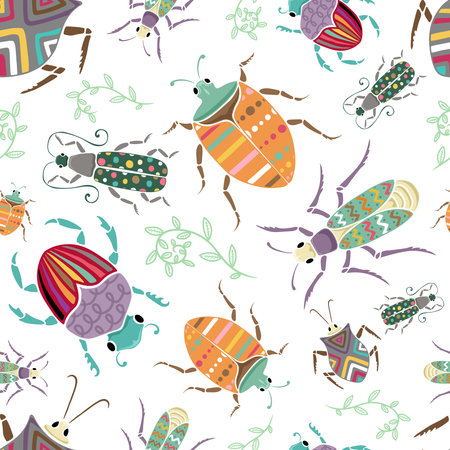 Seamless pattern vector of hand drawn beetles and leaves with colorful ornamentsのイラスト素材