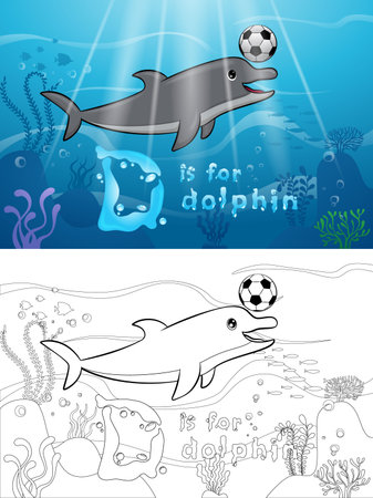 Cartoon dolphin with soccer ball undersea. Coloring book or pageのイラスト素材