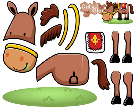 Vector illustration of cartoon horse with paddle eating grass. Cutout and gluingのイラスト素材