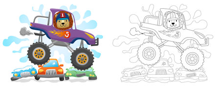 Hand drawn cartoon of lion on monster truck crushing small vehicles, coloring bookのイラスト素材