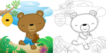 Cute bear cartoon holding honey jar in forestのイラスト素材
