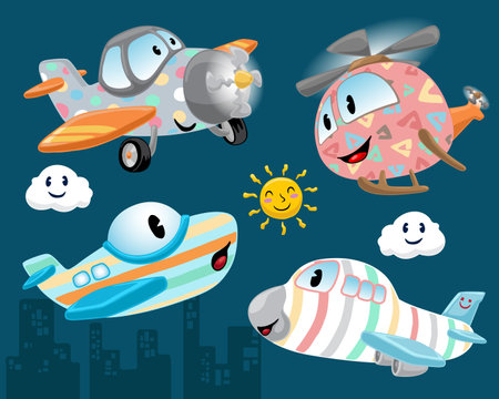 Set of hand drawn funny air transportation vehicles cartoon with colorful ornamentのイラスト素材