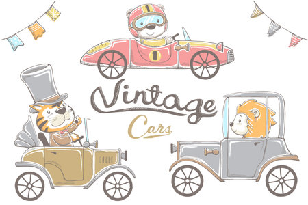 Vector illustration of hand drawn funny animals cartoon riding vintage carのイラスト素材