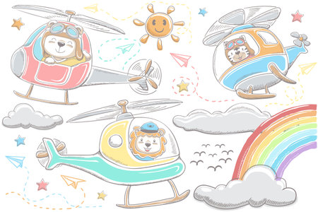 Vector illustration of hand drawn funny animals cartoon on helicopters, sky object elements cartoonのイラスト素材