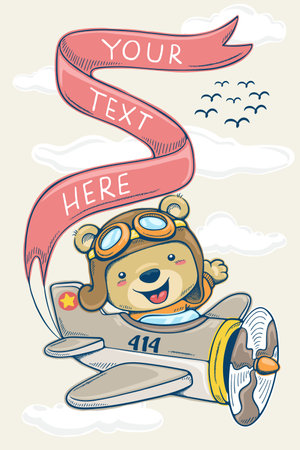 Vector illustration in hand drawn concept, cartoon teddy bear on vintage airplane pulling bannerのイラスト素材