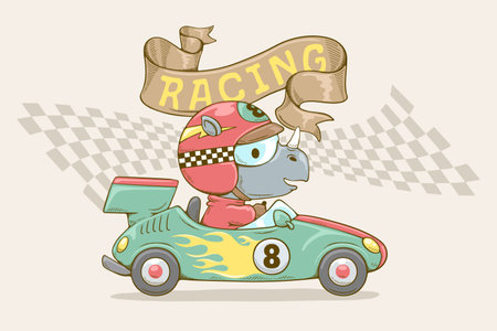 Vector illustration in hand drawn concept, cartoon funny rhino in racer costume on racing carのイラスト素材