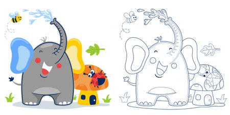 Vector illustration of cartoon elephant with insects and mushroom. Coloring book or page for kidsのイラスト素材