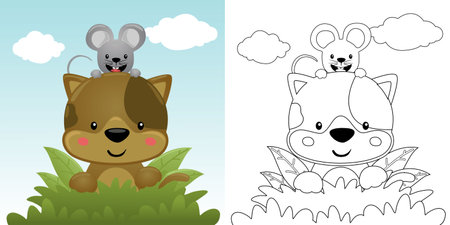 Vector illustration of cartoon cat with mouse in bushes. Coloring book or page for kidsのイラスト素材