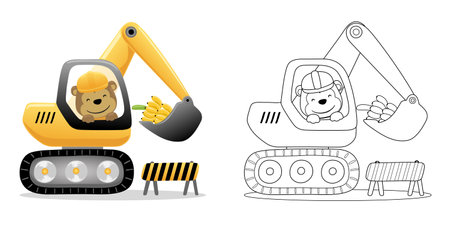 Vector illustration of cartoon cute monkey on excavator with banana. Coloring book or pageのイラスト素材