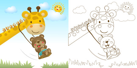 Vector illustration of cartoon bear playing swing in giraffes neck. Coloring book or page for kidsのイラスト素材
